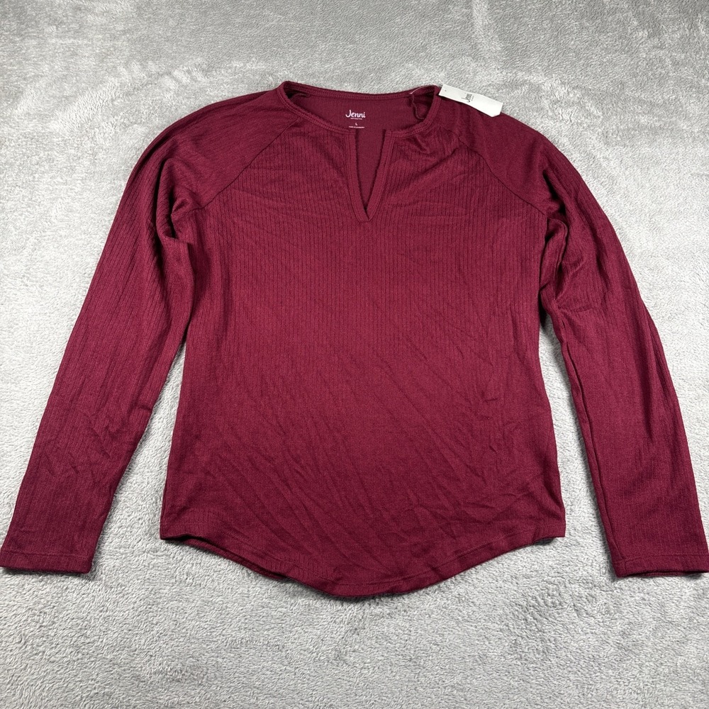 Jenni Intimates Womens V-Neck Shirt Burgundy Long‎ Sleeve Size L Nwt